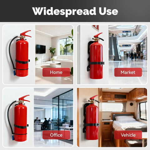 5 Pack Fire Extinguisher Mount Brackets 5 Lb Metal Strap Holder for Homes, Garages, Warehouses, Cars, Factories, Ships, Heavy Duty shown in various locations