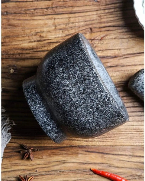 Granite Mortar And Pestle Set For Grinding Spices And Herbs Like A Boss, Natural Non Porous Stone on wooden table