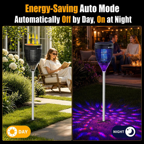 Solar Mosquito Zapper Outdoor With Flame Lamp And Projector Light 4200V Electric Bug Killer in garden, day and night use.
