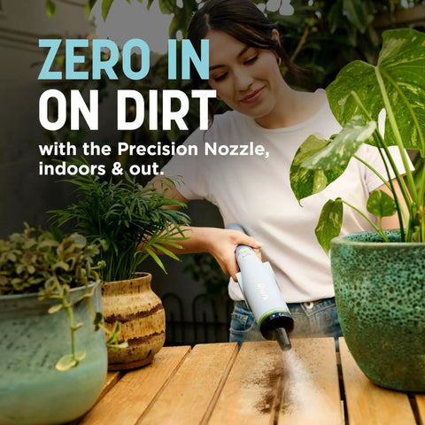 BlastBoss Beast Mode All In One Air Blasting System With BlastBroom And Precision Nozzle For Indoor And Outdoor Cleaning Extension Wand 0 To 190 MPH Airflow Cordless Handheld Blower Rechargeable Charcoal Finish AB2111 used to clear dirt from potted plants and tabletop
