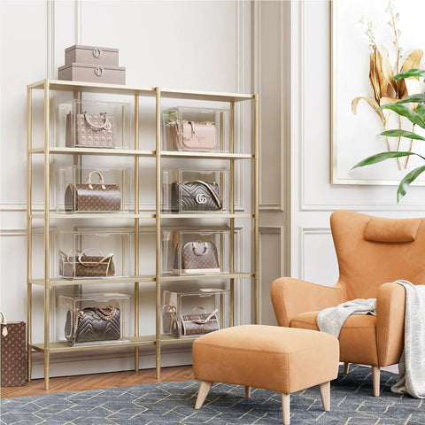 Clear Plastic Handbag Organizer Set 3 Pack For Closet Storage, acrylic cases on shelves with purses visible, modern room decor