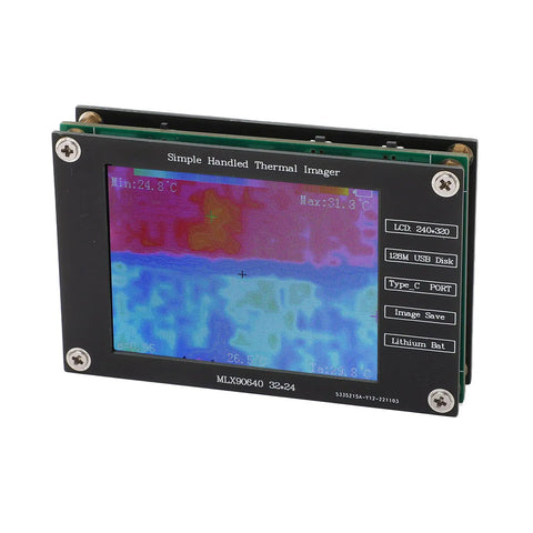 Portable Thermal Imager Two Point Eight Inch Infrared Camera With 320 By 240 Sensor And Temperature Range From Minus Forty C To Plus Three Hundred C Built In SPI Flash To Save Up To One Hundred Pictures USB C Charging For Easy Data Transfer Ready To Roll, showing thermal image display on screen.