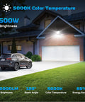 10 Pack 500W LED Flood Lights Slam Out 40000 Lumens Daylight White IP67 Weather Resistant Outdoor Security Work Lights For Garage Yard And Patio heavy duty slim frame illuminating driveway at night.