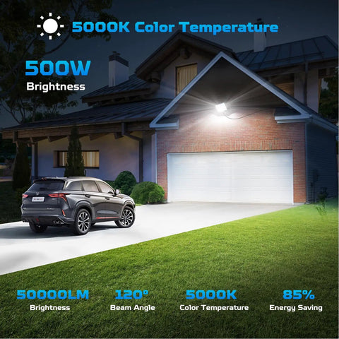 10 Pack 500W LED Flood Lights Slam Out 40000 Lumens Daylight White IP67 Weather Resistant Outdoor Security Work Lights For Garage Yard And Patio heavy duty slim frame illuminating driveway at night.