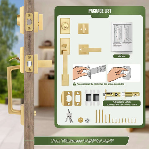 Built Tough Satin Brass Front Door Handle Set with package components displayed, highlighting heavy duty zinc alloy construction.
