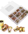 Pro Grade Rivet Nut Set Zinc Plated Steel Vertical Blind Riveting Nuts Kit For Metal Fabrication Auto And Furniture Assembly displayed in box