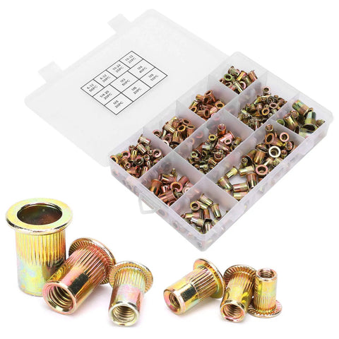 Pro Grade Rivet Nut Set Zinc Plated Steel Vertical Blind Riveting Nuts Kit For Metal Fabrication Auto And Furniture Assembly displayed in box