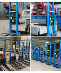Heavy Duty Electric Pallet Stacker Hydraulic Lift 1100 Lbs Capacity Adjustable Forks Portable Industrial warehouse forklift tool cart displayed in various angles.