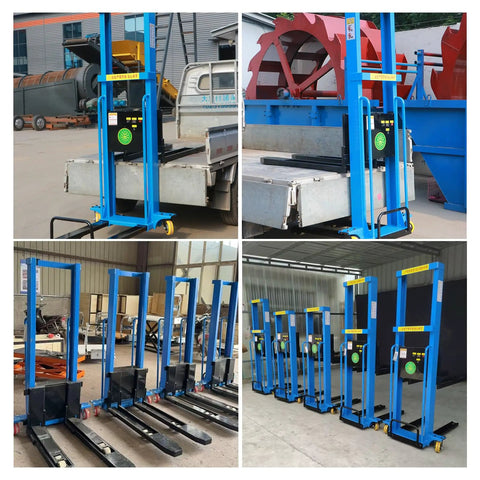Heavy Duty Electric Pallet Stacker Hydraulic Lift 1100 Lbs Capacity Adjustable Forks Portable Industrial warehouse forklift tool cart displayed in various angles.