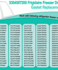 Frigidaire freezer door gasket replacement infographic for 5304507200 with model compatibility codes and gasket outline