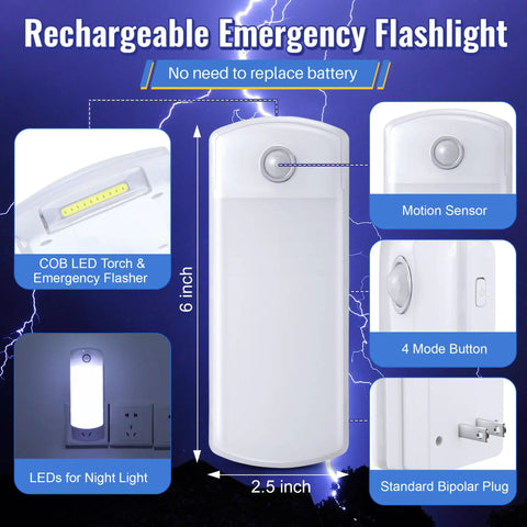 Image of Three Pack LED Power Failure Lights 4 In 1 Rechargeable Plug In Flashlights With Motion Sensor Emergency Lights showing features
