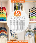 Heavy Duty Metal Hangers Six Pack Featuring Fifty Four Hooks For Massive Space Saving Closet Organization And College Dorm Essentials A Straight Up Dorm Room Game Changer Now displayed with colorful outfits in tight closet.