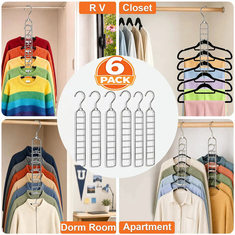 Heavy Duty Metal Hangers Six Pack Featuring Fifty Four Hooks For Massive Space Saving Closet Organization And College Dorm Essentials A Straight Up Dorm Room Game Changer Now displayed with colorful outfits in tight closet.