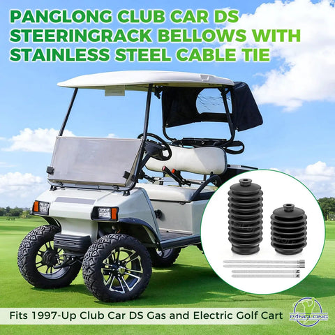 Club Car DS Steering Rack Dust Boot for 1997 and Up Golf Carts Fits Gas and Electric Easy Install With Stainless Steel Cable Ties OEM 1013035 101880001 displayed next to golf cart on grass