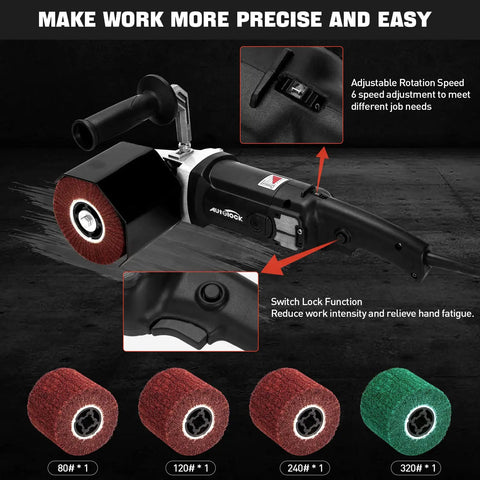 Beast Metal Burnishing And Polishing Machine With Four Burnishing Wheels Electric Sander showing switch lock and speed settings