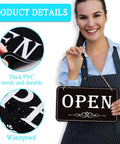 Smiling person holding an Open Closed Sign For Biz 12x6.7 Inches Waterproof Double Sided Hanging Sign with PVC details