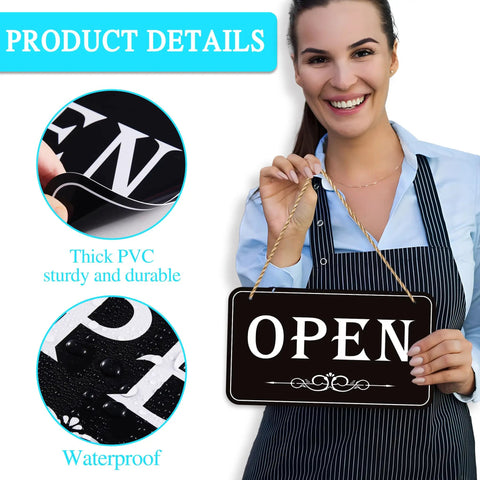 Smiling person holding an Open Closed Sign For Biz 12x6.7 Inches Waterproof Double Sided Hanging Sign with PVC details