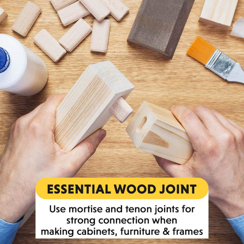 Hands using Mortise And Tenon Jig With Drill Template Set And Hollow Chisel Bit Attachment For Pro Grade Precise Woodworking