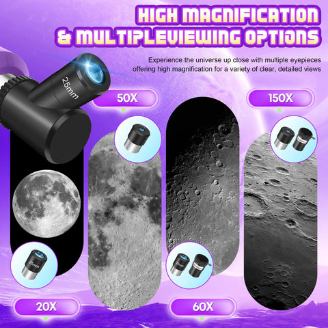Image showing eyepieces with magnification options 20x, 50x, 60x, and 150x for 80mm Aperture Portable Astronomy Telescope For Kids And Grownups With 500mm Focal Length Beginner Friendly High Power Starter Scope Travel Ready With Tripod Adapter Backpack Stickers.