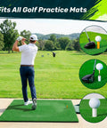 Golfer practicing swing on mat with Rubber Golf Tees For Mats And Driving Range Set With 5 Sizes And 5 Holders Value Pack Plus 40 Bamboo Tees