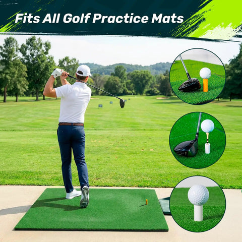 Golfer practicing swing on mat with Rubber Golf Tees For Mats And Driving Range Set With 5 Sizes And 5 Holders Value Pack Plus 40 Bamboo Tees