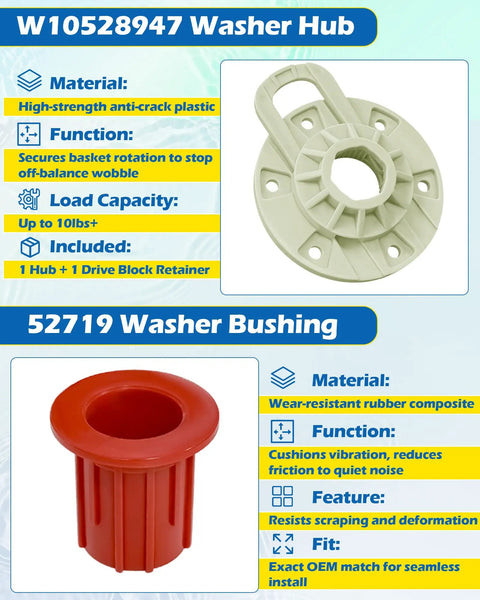 Washer Basket Driven Hub Kit And 52719 Washing Machine Basket Bushing Replacement Set For Whirlpool Maytag Kenmore VMW Replaces AP5665171 PS6012095 W10528947VP W10396887 W10528947, white hub and red bushing