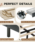 Heavy Duty Black King Size Platform Bed Frame With Padded Headboard And Four Slide Out Storage Drawers Plus Hidden Side Shelves Solid Wood Design detailed components including wooden slats and metal frame.