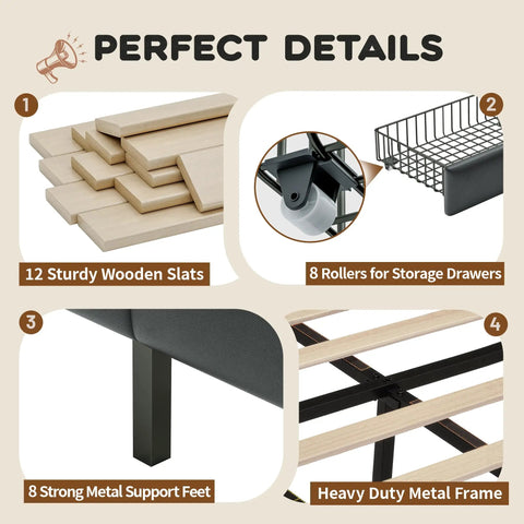 Heavy Duty Black King Size Platform Bed Frame With Padded Headboard And Four Slide Out Storage Drawers Plus Hidden Side Shelves Solid Wood Design detailed components including wooden slats and metal frame.