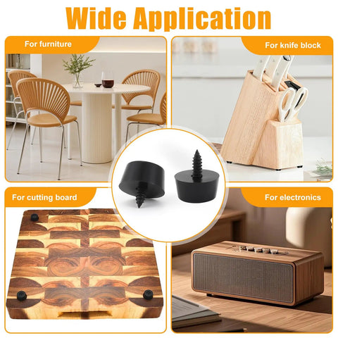 Heavy Duty Rubber Feet And Isolation Pads To Crush The Rattle And Keep Your Gear Planted Solid For Subwoofers Guitar Amps Turntables And Furniture With Stainless Screws shown under various items like furniture, knife block, and electronics.