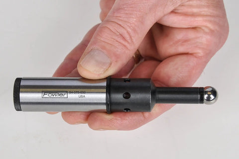 Person holding an Audible Edge Finder 0.400 In Spring Loaded Ball Tip With Six Light Ports Beeps On Contact For Quick Metal Edge Detection Pro Grade Setup Tool Easy Hands On For Wood And Metalworking with visible ball tip and shank