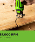 24V Cordless Rotary Cutout Tool With 27000 RPM Power cutting wood with precision, showing its high speed and versatility