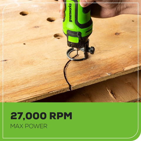 24V Cordless Rotary Cutout Tool With 27000 RPM Power cutting wood with precision, showing its high speed and versatility