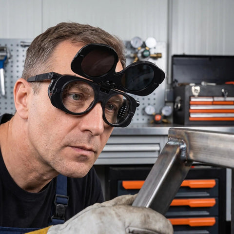 Flip Up Heavy Duty Welding Goggles Featuring Dual Lens Glare Blocking For Plasma Cutting And Electric Welding Ergonomic Safety Shades worn by a man inspecting metal.