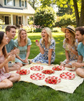 Totally Dope Pink Plaid Strawberry Print Disposable Paper Plates 60 Pack With 9 And 7 Inch Sizes set up for outdoor gathering with friends.