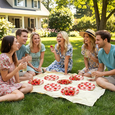 Totally Dope Pink Plaid Strawberry Print Disposable Paper Plates 60 Pack With 9 And 7 Inch Sizes set up for outdoor gathering with friends.