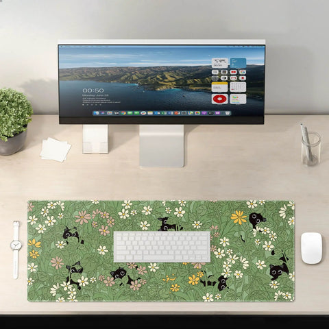 XL Plant Themed Mouse Pad 31.5 X 11.8 Inches, Large Green Desk Mat For Gaming And Workstation on a home office desk