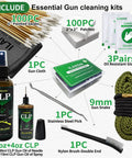 9mm Bore Cleaner And Pro Grade 5 Oz CLP Oil Gun Cleaning Kit with swabs, patches, gloves, and tools displayed