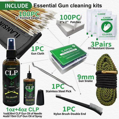 9mm Bore Cleaner And Pro Grade 5 Oz CLP Oil Gun Cleaning Kit with swabs, patches, gloves, and tools displayed