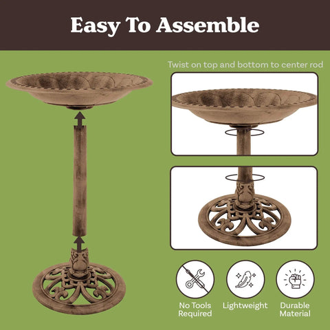 Antique Scroll Bird Bath With Weather Resistant Resin, Bronze Finish, Includes 3 Ground Stakes, Vintage Garden Decor shown with assembly instructions.