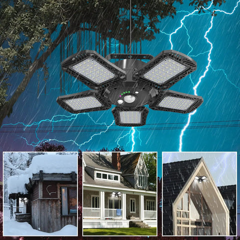 Solar Shed Light With Motion Sensor For Daytime And Night 160 LED Pendant Lights illuminating house exteriors in stormy weather