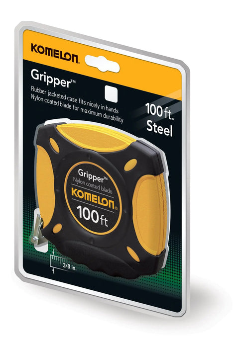 Gripper Closed Case 100-Foot Long Steel Tape Measure with Nylon Coated Blade in Rubber Jacketed Case, Packaging View