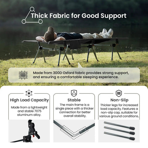 Person lying on Super Sturdy Height Adjustable Camping Cot With Leg Extenders Holds Up To 330 Pounds Lightweight Comfy Folding Bed
