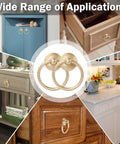 Champagne Gold Drop Ring Drawer Pulls Set Of 12 For Cabinets And Dressers, installed on various furniture pieces, showcasing applications.
