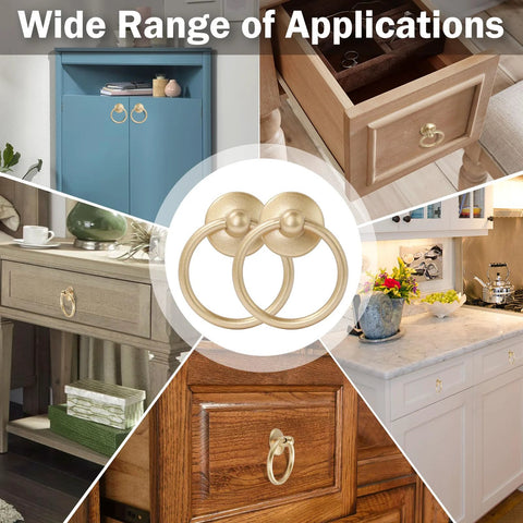 Champagne Gold Drop Ring Drawer Pulls Set Of 12 For Cabinets And Dressers, installed on various furniture pieces, showcasing applications.