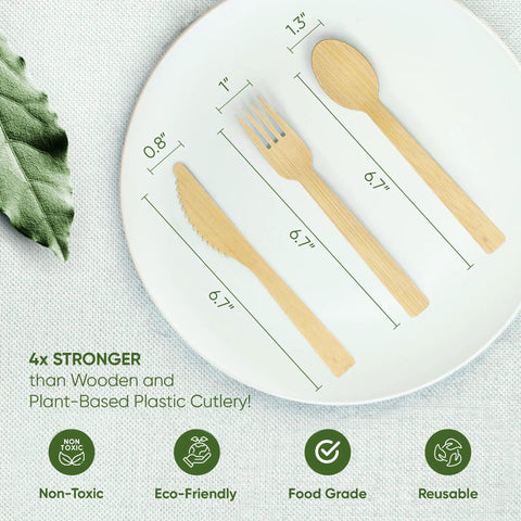 250 Count Bamboo Cutlery Set Disposable And Compostable Utensils, 100 Percent Natural, Plastic Free, BPA Free, Non Toxic, Food Grade For Kids And Adults, Go-To Eco Friendly Everyday Use. bamboo fork, spoon, knife with sizes
