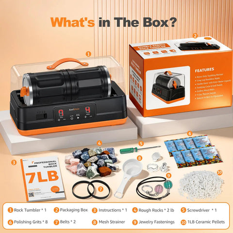 Contents of C1 Pro Ultra Brushless Rock Tumbler Kit With Dual Barrel, 7Lb Capacity, shown with accessories and packaging.