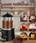 Pro Grade Commercial Hot Chocolate Machine And Beverage Warmer 10L Stainless Steel Dispenser With Precise Temperature Control 86 F To 194 F For Chocolate Coffee Mulled Wine Juice Black visible with various drink options.