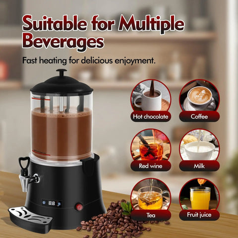 Pro Grade Commercial Hot Chocolate Machine And Beverage Warmer 10L Stainless Steel Dispenser With Precise Temperature Control 86 F To 194 F For Chocolate Coffee Mulled Wine Juice Black visible with various drink options.