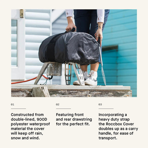 Roccbox Portable Pizza Oven Cover Made With 900D Waterproof Fabric For All Weather Outdoor Use Heavy Duty Transport Strap In Use
