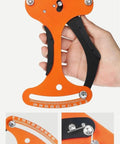 Close-up of orange Bike Spoke Tension Meter And Spoke Wrench Kit For Road And Mountain Bikes, Aluminum Alloy Wheel Tool in hand.